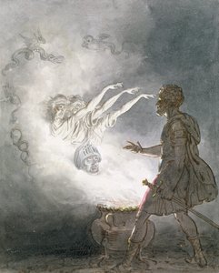 Macbeth és a fegyveres fej megjelenése, IV. felvonás, I. jelenet a „Macbeth”-ből, William Shakespeare (1564-1616) 1820 körül (wc, mosás, toll és tinta papíron)
