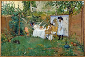 Reggeli a szabadban 1888 körül Fiatal nők a kertben, egyikük függőágyban. William Merritt Chase (1849-1916) festménye 1888 Toledo. Művészeti Múzeum alkotó: William Merritt Chase