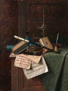 Csendélet furulyával, vázával és római lámpával alkotó: William Michael Harnett