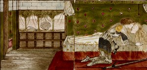 Tizenhat csempe nyolc illusztrációja a „Briar Rose” (1862-1865) mesének. Művészek: William Morris, Sir Edward Coley Burne-Jones.