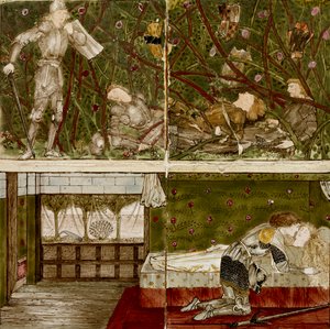 Tizenhat csempe nyolc illusztrációja a „Briar Rose” (1862-1865) mesének. Művészek: William Morris, Sir Edward Coley Burne-Jones.
