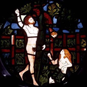 Ádám és Éva gyümölcsszedés, részlet a Teremtés ablakból alkotó: William Morris