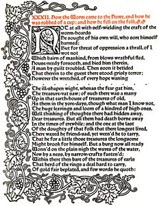 Kelmscott Press: Oldal a The Tale of Beowulfból, trója típussal nyomtatva, 1895 körül, 1914. alkotó: William Morris