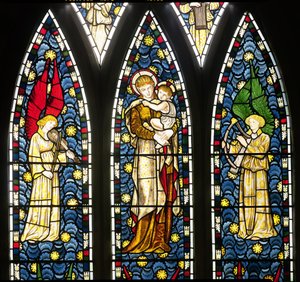 Madonna és gyermek két angyallal, az angyalablak felső felének részlete, 1869-es ólomüveg részlet, 120165 alkotó: William Morris