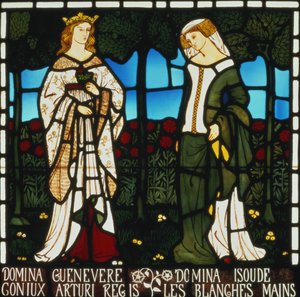 Guinevere királynő és Fehér Kezek Izoldája, „Tristán és Izolda története”, William Morris und Co., 1850 (festett üveg) alkotó: William Morris
