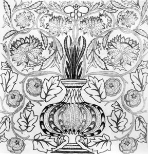 "A virágcserép", William Morris (1834-96) által tervezett és May Morris által kivitelezett hímzett panel (fekete-fehér nyomat). alkotó: William Morris