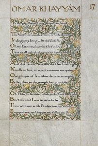 Omar Khayyam Rubaiyat-ja; 55-57. versek. Kalligrafikusan írta és díszítette William Morris, lombos és virágos szegélyekkel. alkotó: William Morris