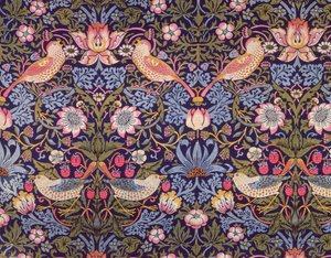 „The Strawberry Thief” textil, amelyet William Morris (1834-96) tervezett 1883 (nyomtatott pamut) alkotó: William Morris