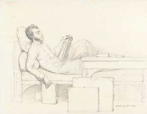 A gótikus kanapén fekvő művész önarcképe, aki könyvet olvas alkotó: William Mulready
