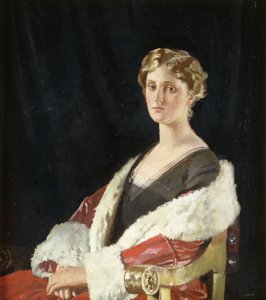 Nancy Oswald Smith portréja félhosszúságban ülve, vörös szőrmével bélelt kabátban, 1915 alkotó: William Orpen