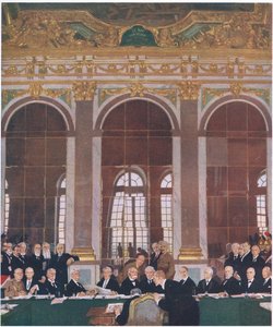 Béke aláírása a tükörcsarnokban, Versailles-i palota, 1919. június 28., Cassells History of the British People, a Waverley Book Company Limited kiadásában, 1940 körül alkotó: William Orpen