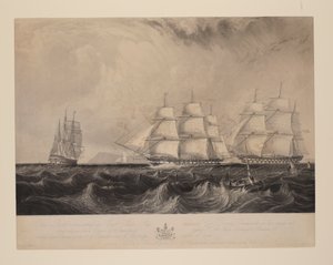 Ez a nyomat a "Vernon" nevű kelet-indiai hajót ábrázolja, Geo. Denny, parancsnok, kifelé tartó, 30 lóerős gőzgéppel felszerelt hajóját, amely 1839. szeptember 21-én a Benbridge [sic, i. alkotó: William Overend Geller