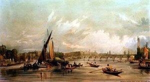Waterloo híd nyugatról hajóversennyel (litho) alkotó: William Parrott