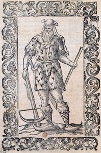 Szőrmeruhás férfi, számszeríjjal és csavart hegyű cipővel (példa a kezdetleges sílécekre), Cesare Vecelliónak (1521-1601) tulajdonított illusztráció, amelyet Olaszországban adtak ki a 16. században alkotó: Nicolas Toussaint Charlet