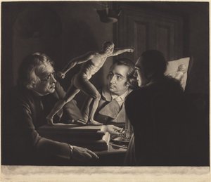 Három személy nézi a Gladiátort gyertyafénynél alkotó: William Pether after Joseph Wright