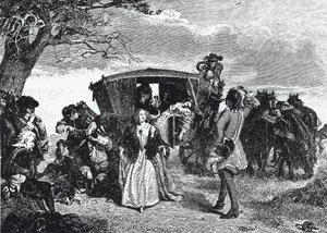 Claude Duval autópálya-ember abban a legendás pillanatban ábrázolja, amikor nem hajlandó elvinni az összes zsákmányát, ha áldozatának felesége „courantét” táncol vele a Hounslow Heath-en (metszet)
