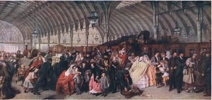 A vasútállomás, a Cassells History of the British People című kötetből, kiadta a Waverley Book Company Limited, 1940 körül. alkotó: William Powell Frith