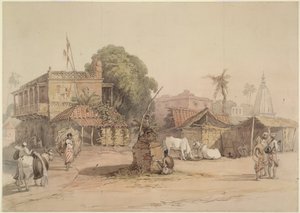 Falusi jelenet egy kis "tulsi" oltárral és egy vízhordóval a bikával, India 1830-40 körül