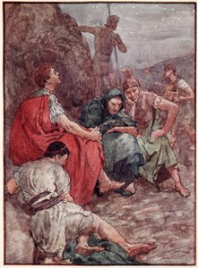 Brutus és társai a Philippi csata után, illusztráció a „Plutarkhosz életei fiúknak és lányoknak” című könyvéből, amelyet W.H. Weston, London 1910 körül (színes litho) alkotó: William Rainey