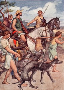 Pelopidasz elindul Thébába, illusztráció a "Plutarkhosz életei fiúknak és lányoknak" című műből, W.H. Weston átdolgozása, London, 1910 körül (színes litográfia).