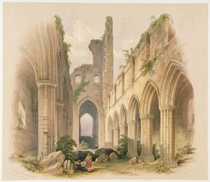 Kirkstall apátság, a templomhajó és a kórus, a "The Monastic Ruins of Yorkshire" című képből, George Hawkins (1819-52) metszete, 1842. alkotó: William Richardson