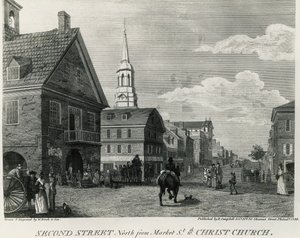 Second Street North a Market Streettől és a Christ Churchtől, Philadelphia, William Russell Birch (1755-1834) rajza, nyomta: R Campbell, Amerikai Egyesült Államok