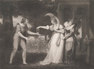 A hercegi palota előtt – Rosalind, Celia, Orlando, a Herceg..., először 1800-ban adták ki, újra kiadták 1852-ben. alkotó: William Satchwell Leney