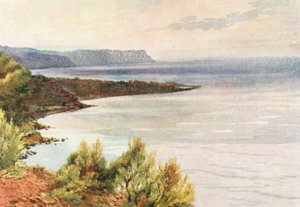 Kilátás Santa Croce felől, Albenga felé, kora reggel (színes litográfia)