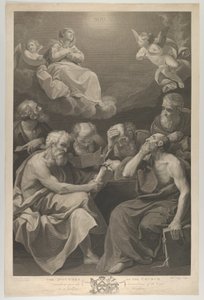 Az egyház orvosai könyveket és dokumentumokat nézegetnek és a Szűzanyát szemlélik, aki ..., 1785