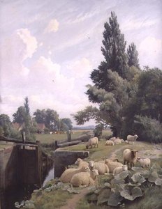 Táj egy csatornazárral és egy birkanyájjal alkotó: William Sidney Cooper