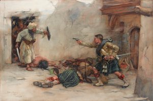 A 92. Gordon Highlanders csapatának James Roddick dobosa, Menzies hadnagy védelmezője a kandahári kézi harcok során. alkotó: William Skeoch Cumming