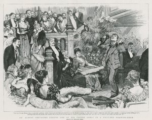 Albert Chevalier úr az egyik kosztümös dalát énekli a West End szalonban (metszet) alkotó: William Small