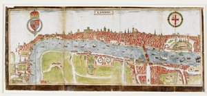 Sloane 2596, f.52 London kilátása délről, a Temze, a London Bridge és a Tower látható