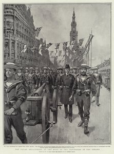 A haditengerészeti különítmény a menet élén a strandon