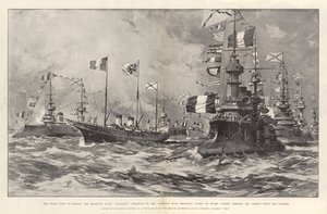 A cár franciaországi látogatása, Őfelsége Standart nevű jachtja, amelyet a Cassini követ Loubet elnökkel a fedélzeten, a francia flottán áthaladva Dunkerque előtt.