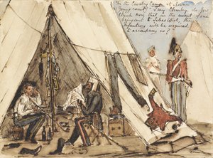 A devnai lovassági táborban (Young Cornet) ?Mondom Charley, most azt gondolod, hogy abban az esetben, ha Sebastopolba küldünk, a gyalogságnak el kell kísérnie minket?, 1854 körül (toll, tinta és wc)