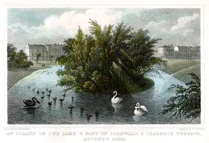 Sziget a tavon és a Cornwall and Clarence Terraces része, Regents Park, London, 1828.