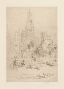 Manhattan belvárosa az East River felől, a Woolworth épülettel alkotó: William Walcot