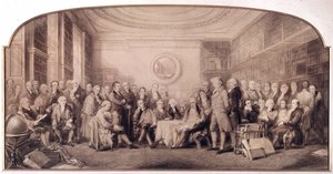 A tudomány jeles emberei 1807-1808-ban. Találkozó az angliai Királyi Tudományos Intézet könyvtárában. William Walker és Sir John Gilbert (1817 - 1897) metszet - A tudomány kiváló emberei, akik 1807-ben éltek - A tudomány kiváló emberei