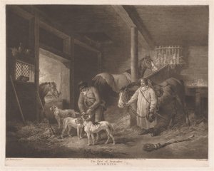 Vadászok az istállóban, akik előkészítik állataikat Szeptember elseje, reggel (cím az objektumon) alkotó: William Ward