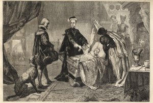 Mária királynő kilép a Stirling kastélyból – Marie Stuart (Skóciai Marie I) fia bölcsője előtt (Jacques Stuart, Jacques VI és én) alkotó: William Ward