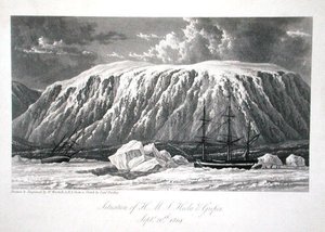 A H.M.S. Hecla & Griper helyzete, 1819. szeptember 20., William Edward Parry "Journal of a Voyage for the Discovery of a North West Passage from the Atlantic to the Pacific performed in the Years 1819-20" című, 1821-ben megjelent művéből (metszet).