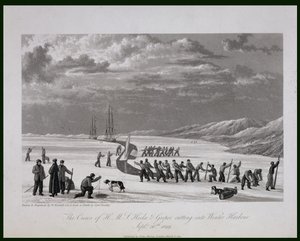 A H.M.S. legénysége Hecla und Griper bevágott a Winter Harbourba, 1819. szeptember 26-án, a „Journal of a Voyage for the Discovery of the Discovery of the North West Passage from Atlantic the Pacific” című művéből.