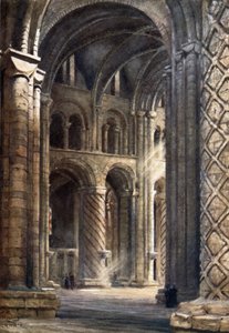 Durham, a katedrális belseje a hajón át a déli kereszthajóba (színes litho)