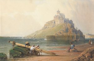 Kilátás a Mont St. Michel figurákkal a tengerparton