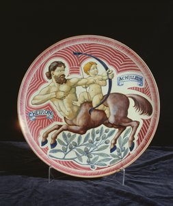 Cheiront és Achilleust ábrázoló töltő (kerámia) alkotó: William de Morgan