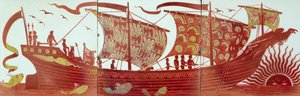 Három csempe, amelyek egy hajót ábrázolnak naplementekor (kerámia) alkotó: William de Morgan