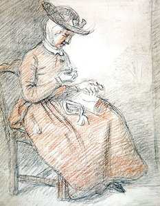 Női ülő varrás (piros és fekete kréta papíron) alkotó: William of Bath Hoare
