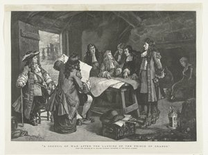III. Vilmos haditanácsot tart egy halászkunyhóban, 1688 Haditanács a narancsos herceg partraszállása után (cím a tárgyon) alkotó: Williamson