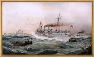 Kaiserliche Marine Griffin, Meteor és Jagd a mellvárosra néz, Willy Stöwer kromolitográfiája 1894, nr9 G. Wislicenus, Unsre Kriegsmarine.